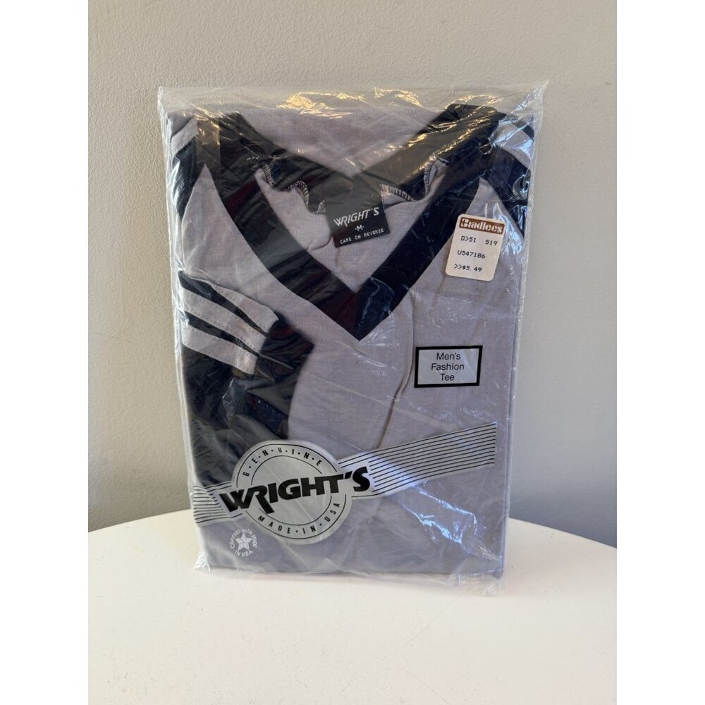 Vintage Wright's Shirt Mens M Gray Blue V-Neck Jersey Ringer Athletic Deadstock
